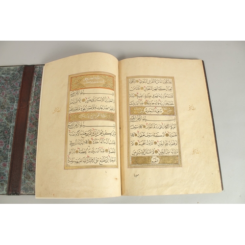 280 - A FINE 17TH CENTURY OTTOMAN LEATHER BOUND QURAN JUZ SECTION, with beautifully gilded illuminated sur... 