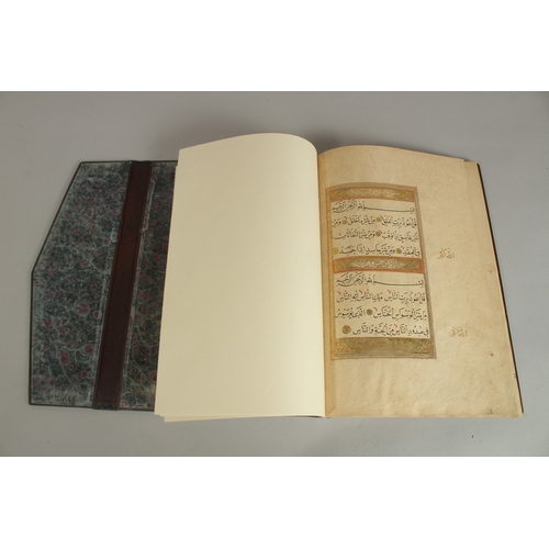 280 - A FINE 17TH CENTURY OTTOMAN LEATHER BOUND QURAN JUZ SECTION, with beautifully gilded illuminated sur... 