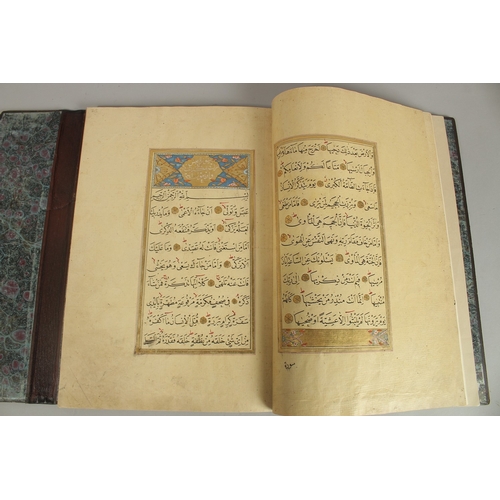 280 - A FINE 17TH CENTURY OTTOMAN LEATHER BOUND QURAN JUZ SECTION, with beautifully gilded illuminated sur... 