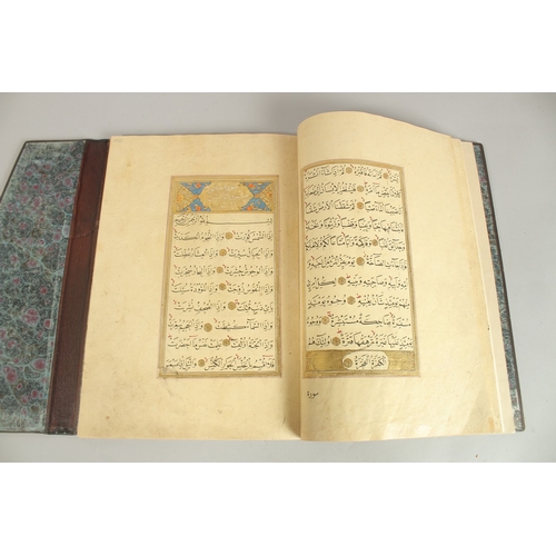 280 - A FINE 17TH CENTURY OTTOMAN LEATHER BOUND QURAN JUZ SECTION, with beautifully gilded illuminated sur... 