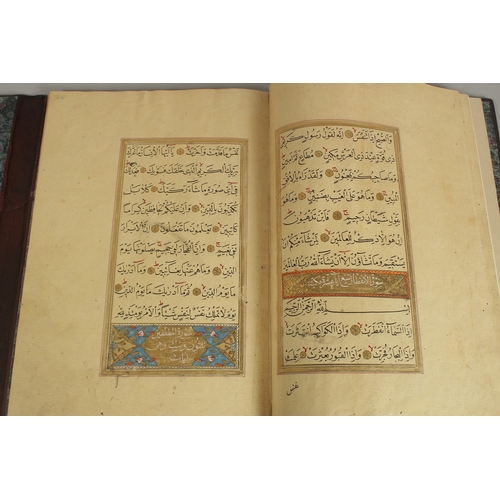 280 - A FINE 17TH CENTURY OTTOMAN LEATHER BOUND QURAN JUZ SECTION, with beautifully gilded illuminated sur... 