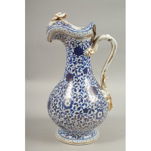 282 - A 19TH CENTURY PERSIAN MARKET RUSSIAN GARDNER PORCELAIN LIDDED JUG, with blue and white gilded flora... 