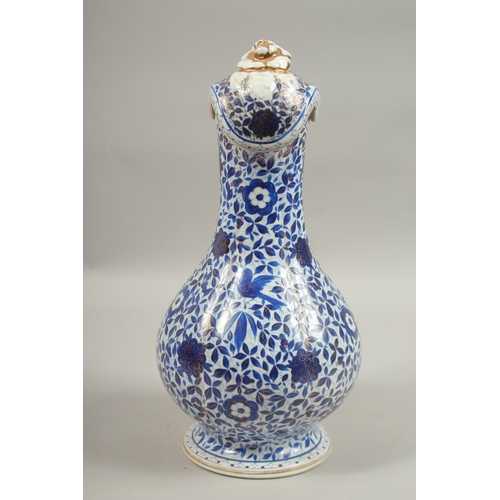 282 - A 19TH CENTURY PERSIAN MARKET RUSSIAN GARDNER PORCELAIN LIDDED JUG, with blue and white gilded flora... 