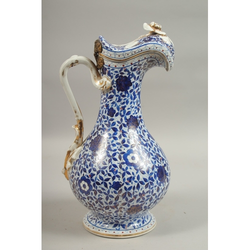 282 - A 19TH CENTURY PERSIAN MARKET RUSSIAN GARDNER PORCELAIN LIDDED JUG, with blue and white gilded flora... 