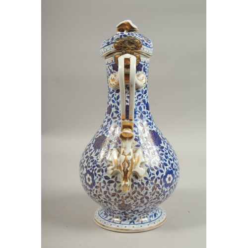 282 - A 19TH CENTURY PERSIAN MARKET RUSSIAN GARDNER PORCELAIN LIDDED JUG, with blue and white gilded flora... 