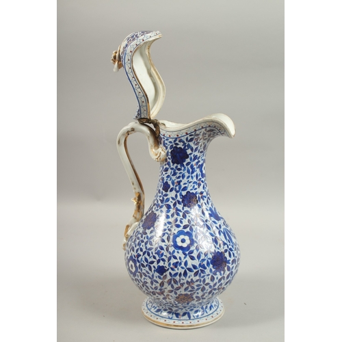 282 - A 19TH CENTURY PERSIAN MARKET RUSSIAN GARDNER PORCELAIN LIDDED JUG, with blue and white gilded flora... 