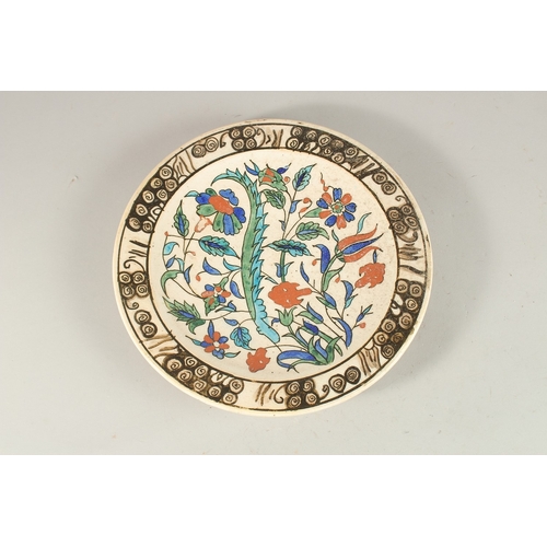 284 - AN IZNIK GLAZED POTTERY PLATE, painted with floral spray, 25cm diameter.