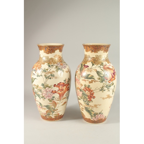 287 - A LARGE PAIR OF JAPANESE SATSUMA VASES, possibly by Kyoto Kinkozan, painted with birds and flora, ea... 