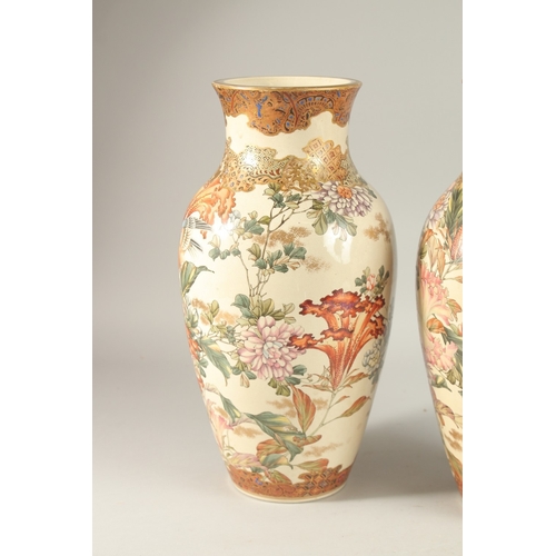 287 - A LARGE PAIR OF JAPANESE SATSUMA VASES, possibly by Kyoto Kinkozan, painted with birds and flora, ea... 