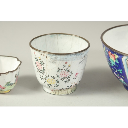 295 - THREE CHINESE ENAMELLED ITEMS, comprising a bowl, a cup, and a smaller cup, (3).