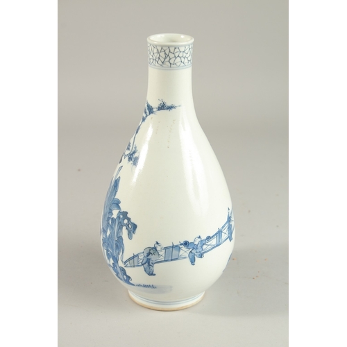 298 - A CHINESE BLUE AND WHITE PORCELAIN BOTTLE VASE, painted with figures, 24cm high.