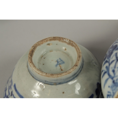 3 - THREE CHINESE BLUE AND WHITE BOWLS, together with a pair of gourd vases -one with missing lid, (af).