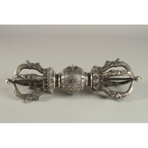 306 - A FINE TIBETAN LARGE WHITE METAL VAJRA, 38cm long.