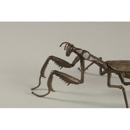 312 - A BRONZE OKIMONO OF A PRAYING MANTIS, with articulated legs.