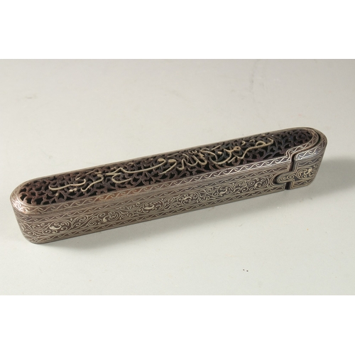 320 - AN ISLAMIC OPENWORK STEEL PEN BOX, the top with silvered calligraphy inscription, 23cm long.