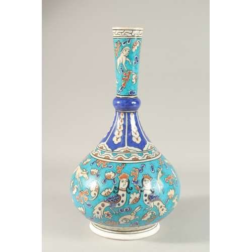 333 - A LARGE TURKISH IZNIK GLAZED POTTERY VASE, painted with harpies and animals, 40cm high.