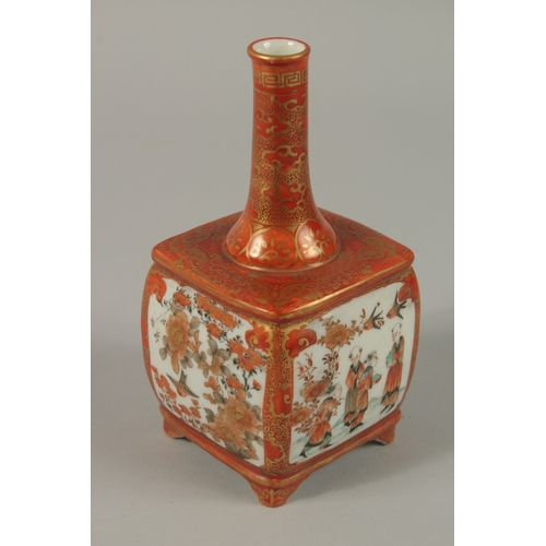 47 - A FINE JAPANESE KUTANI PORCELAIN SQUARE FORM BOTTLE VASE, painted with panels of figures, as well as... 