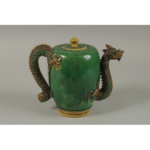 52 - A FINE CHINESE GREEN AND YELLOW GLAZED TEAPOT OR WATER DROPPER, with dragon formed handle and spout,... 