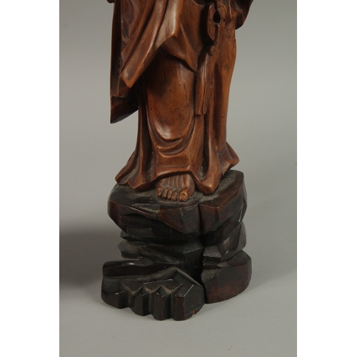 54 - A VERY FINE PAIR OF CHINESE CARVED HARDWOOD FIGURES, with inset bead eyes, 45cm high.