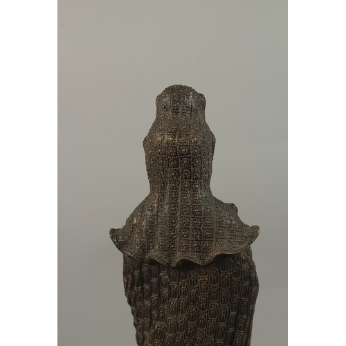 56 - A FINE AND LARGE CHINESE BRONZE FIGURE OF GUANYIN, stood upon a mythical turtle on a circular lotus ... 