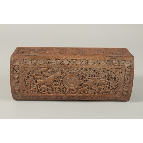 62 - A VERY FINE THAI OR INDIAN CARVED WOOD RECTANGULAR BOX, with mythical creatures and fine foliate car... 