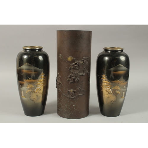 64 - A PAIR OF JAPANESE MIXED METAL VASES, 24cm high, together with a cylindrical vase with relief decora... 