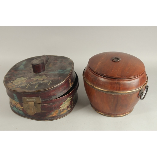 73 - A CHINESE WOODEN BARREL RICE BOX, with mounted metal handles, together with another lacquered box, (... 