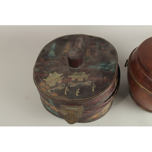 73 - A CHINESE WOODEN BARREL RICE BOX, with mounted metal handles, together with another lacquered box, (... 