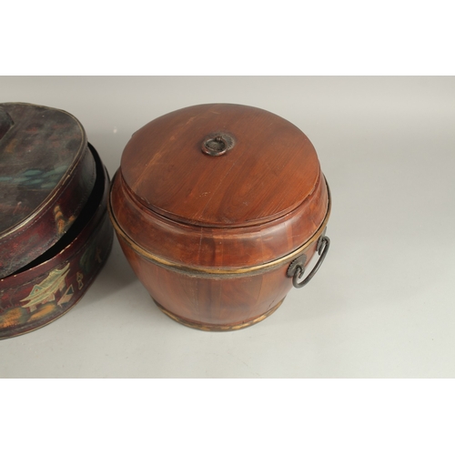 73 - A CHINESE WOODEN BARREL RICE BOX, with mounted metal handles, together with another lacquered box, (... 