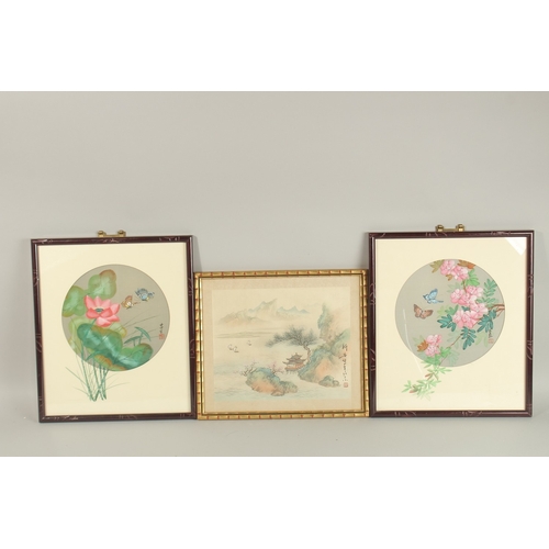 77 - THREE CHINESE PAINTINGS ON SILK, each framed and glazed, (3).