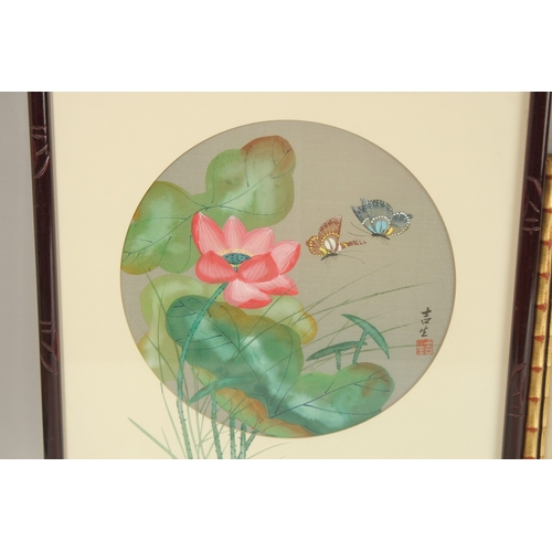 77 - THREE CHINESE PAINTINGS ON SILK, each framed and glazed, (3).