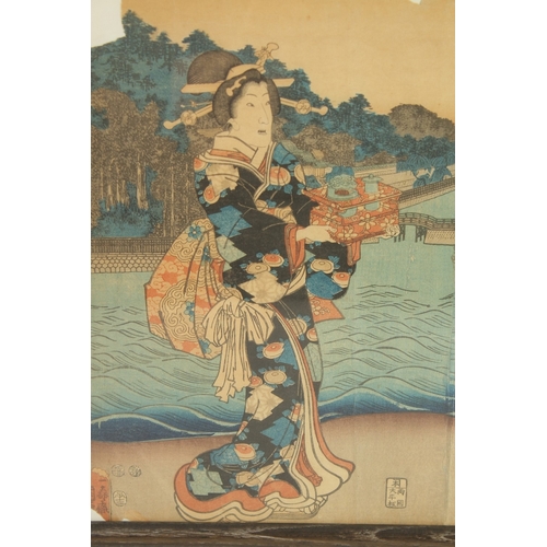 81 - AN ORIGINAL JAPANESE WOODBLOCK PRINT (TRIPTYCH), framed and glazed together, 38cm x 36cm overall.