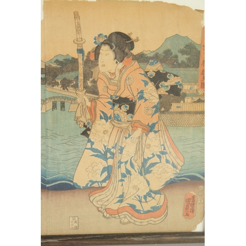 81 - AN ORIGINAL JAPANESE WOODBLOCK PRINT (TRIPTYCH), framed and glazed together, 38cm x 36cm overall.