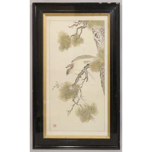 89 - A VERY FINE AND LARGE ORIENTAL SILK WORK PICTURE, with embroidered silk wool bird on a branch, beari... 