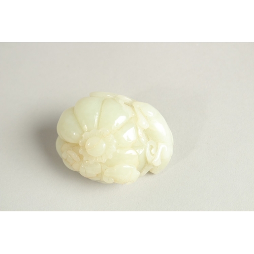 96 - A CHINESE CELADON JADE CARVING OF A PUMPKIN AND CHILONG, 6cm wide, 3.5cm thick.