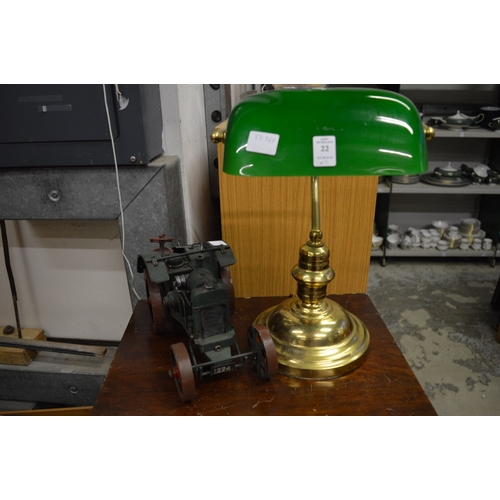 22 - A brass desk lamp and a model traction engine.