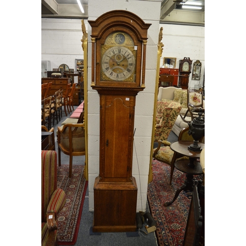 317 - An 18th century oak longcase clock with eight day movement and father time automaton, the arched dia... 