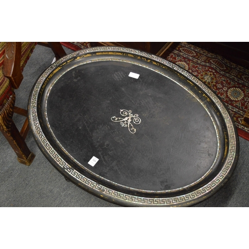 320 - Victorian oval papier mache tray on stand.