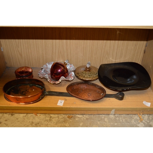 34 - Copper chestnut roaster and decorative items.