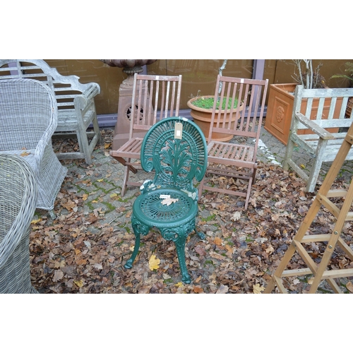 4 - A pair of folding wooden chairs and a green painted aluminium chair.