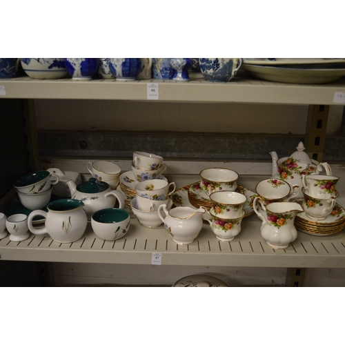 47 - Decorative tea ware to include Royal Albert Old Country Roses, Crown Royal and Denby Green Wheat.