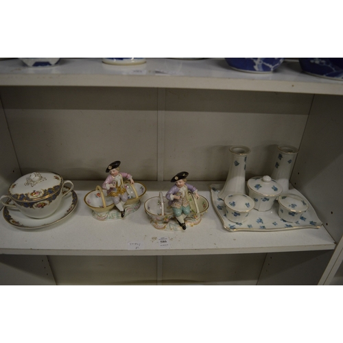 586 - Two Meissen figural double salts, some restoration, together with other decorative china.