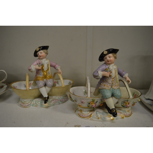 586 - Two Meissen figural double salts, some restoration, together with other decorative china.