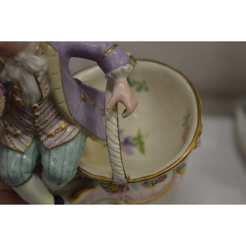 586 - Two Meissen figural double salts, some restoration, together with other decorative china.