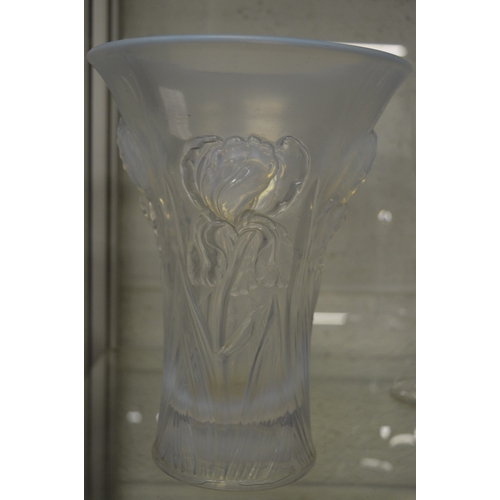 615 - A good large Lalique style opalescent trumpet shaped glass vase moulded with flowers.