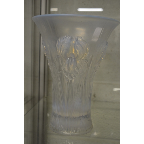 615 - A good large Lalique style opalescent trumpet shaped glass vase moulded with flowers.