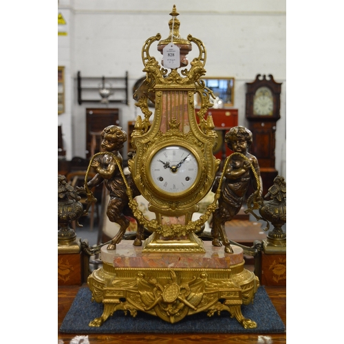 828 - A good large Louis XVI design bronze, ormolu and marble three piece clock garniture, the clock of ly... 