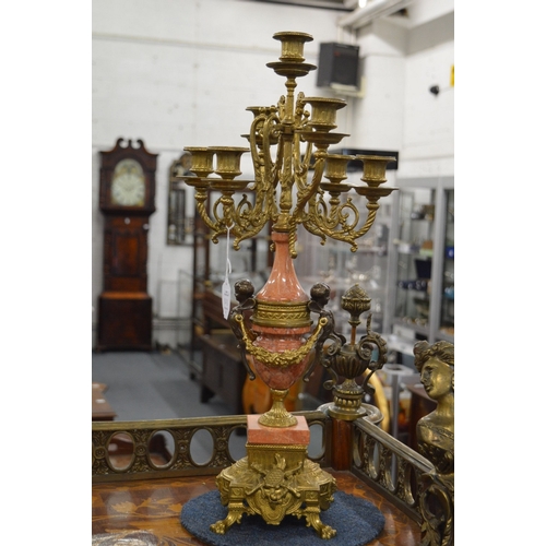 828 - A good large Louis XVI design bronze, ormolu and marble three piece clock garniture, the clock of ly... 