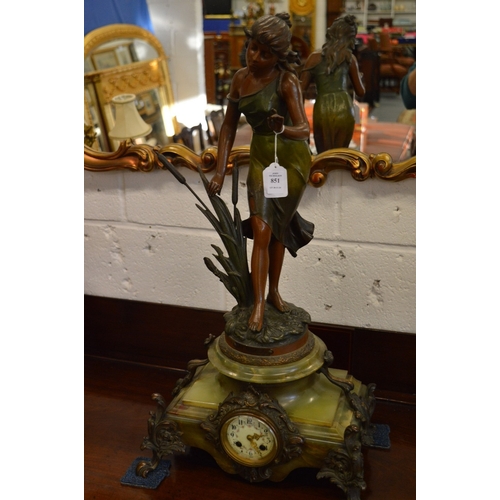 851 - A good large spelter bronze and onyx figural mantel clock.