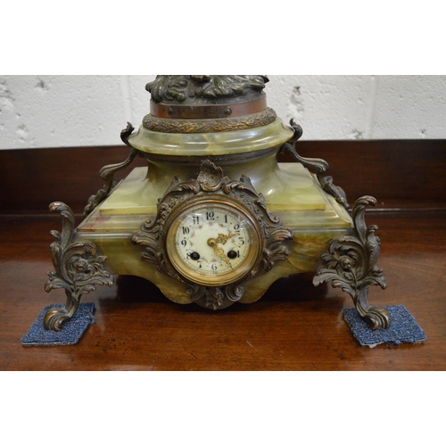 851 - A good large spelter bronze and onyx figural mantel clock.